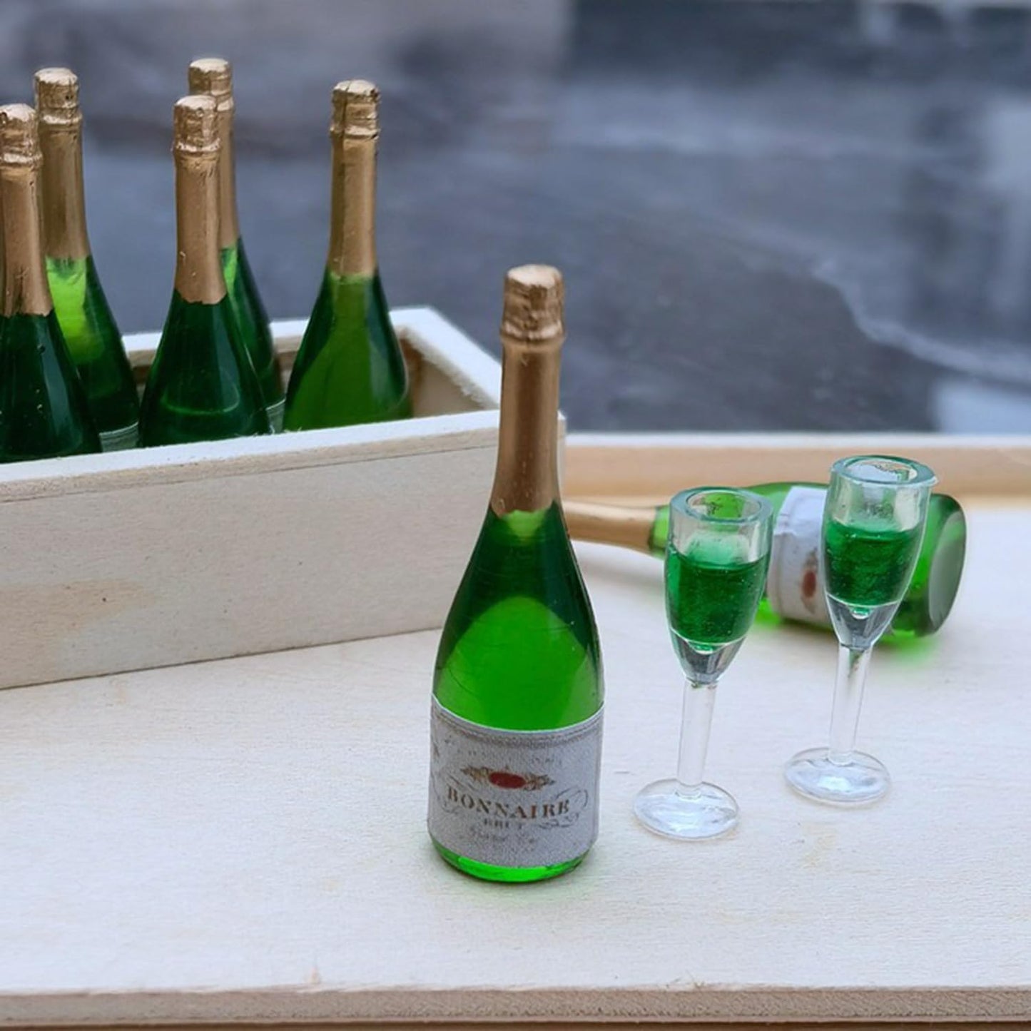 Miniature Champagne Bottle with 2 Glasses, 1:12 Dollhouse Decor, Green Resin, 1 Champagne Bottle with 2 Glasses