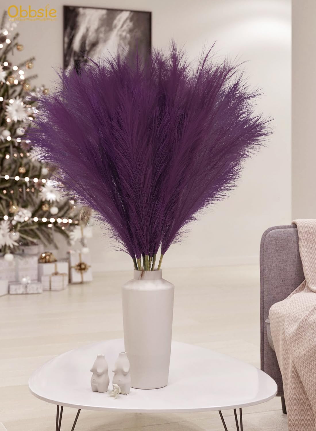 35" Faux Pampas Grass Decor, 8pcs Large Tall Fluffy Artificial Pompous Grass Branches Floral Fake Pompas Grass Bulrush Floor Vase Filler Flower Arrangement for Home Wedding Boho Decor, Purple