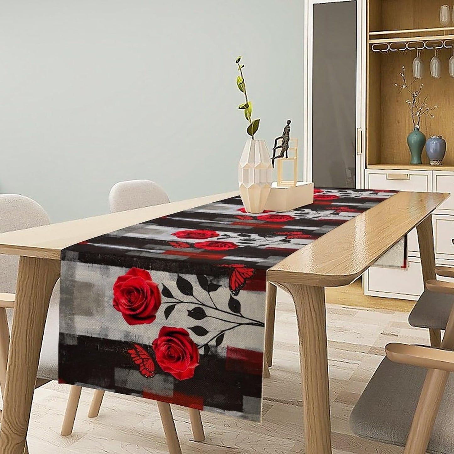 Abstract Art Rose Table Runner, Red Roses Floral Butterfly Black Red Grey Ink Background Pattern Kitchen Dinning Table Runner for Indoor Outdoor Home Wedding Party Holiday, 13x60 Inch