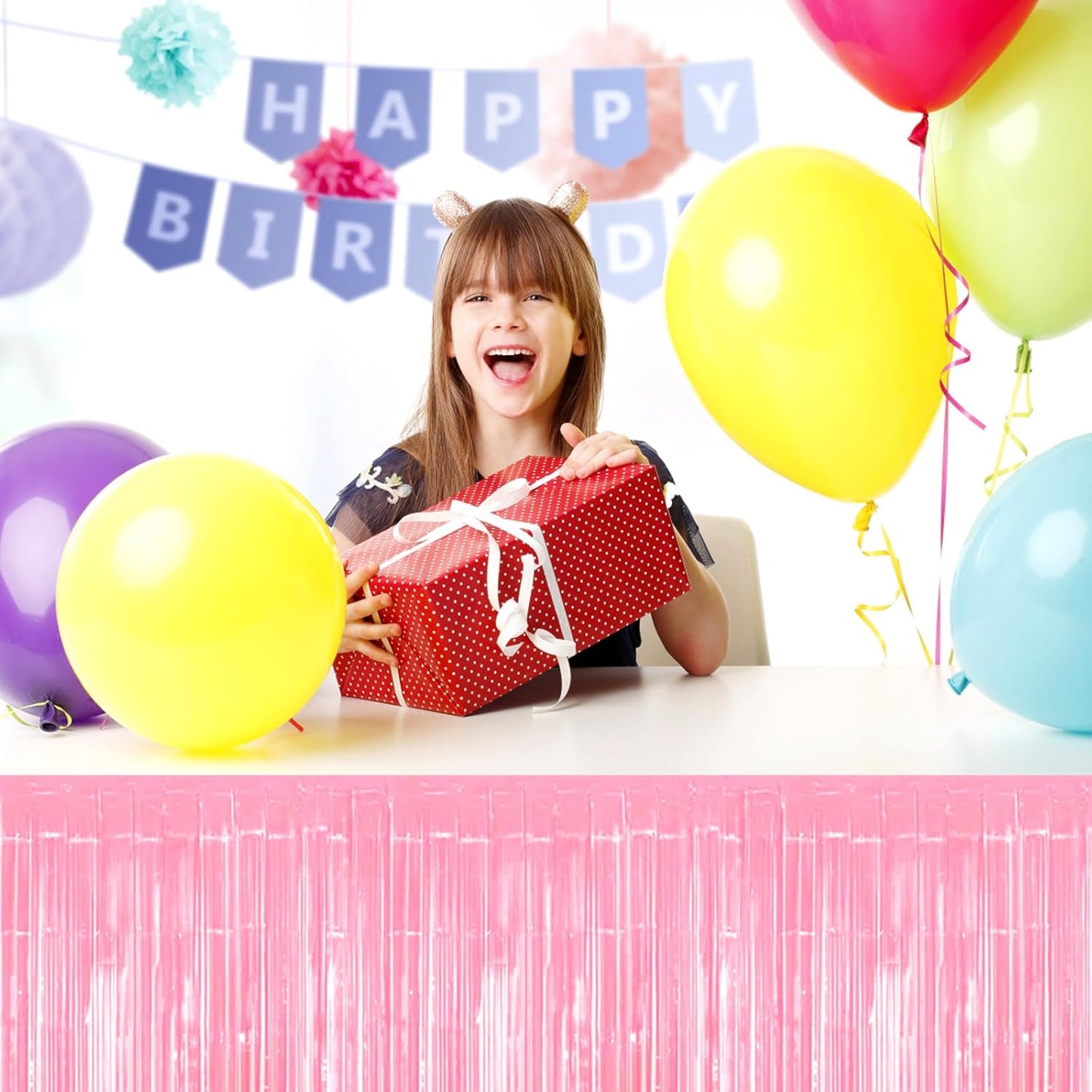 3 Pack 29x108 Inch Macaron Pink Foil Fringe Table Skirts Metallic Banner for Tinsel Streamer Garland Backdrop for Parade Floats Wedding Thanksgiving Birthday Christmas Halloween Party Decoration