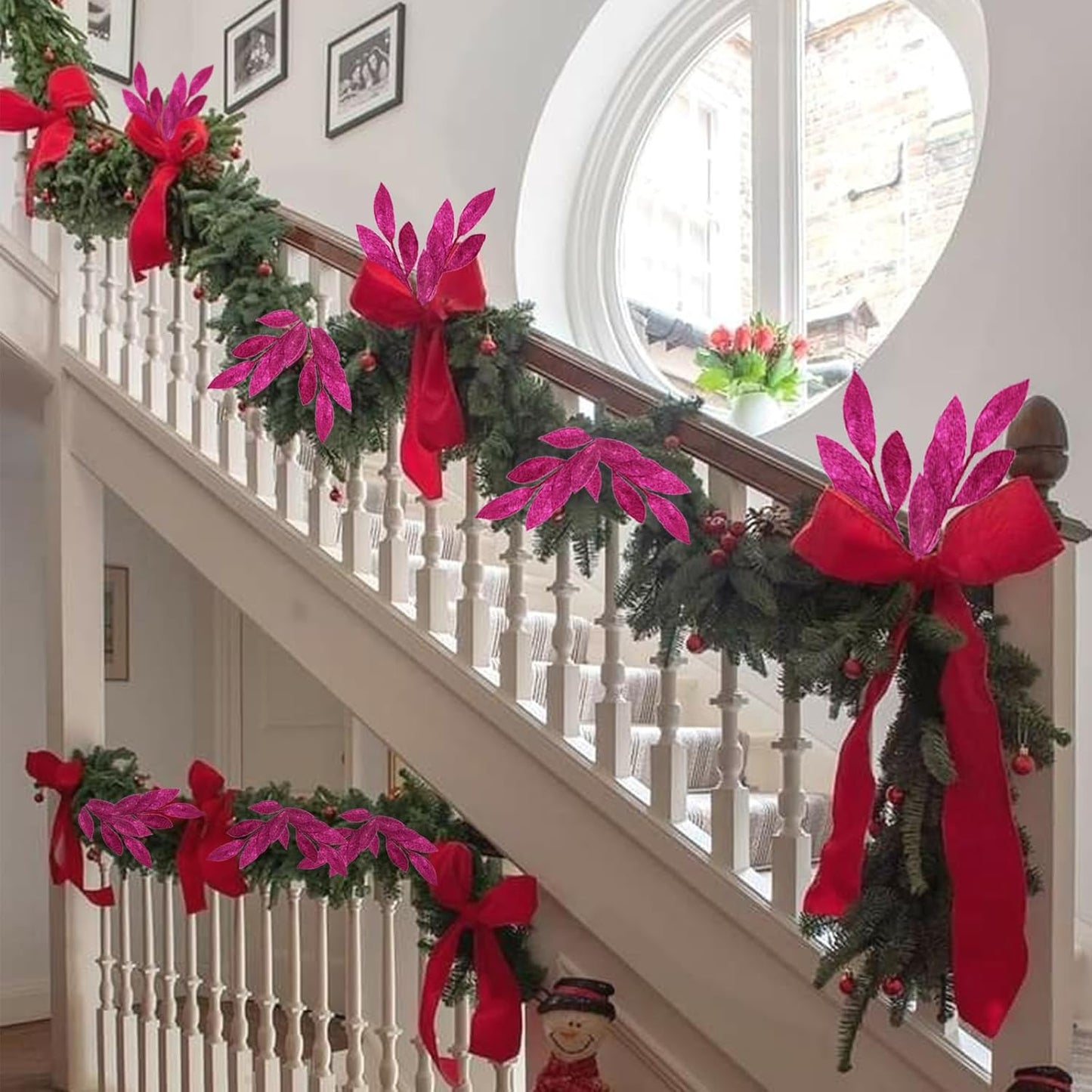 GREENTIME 12 Pack Artificial Rose Red Glitter Leaves 13" Fake Christmas Picks Decorative Glitter Sticks for Vase Christmas Tree DIY Wreath Crafts Fireplace Decor