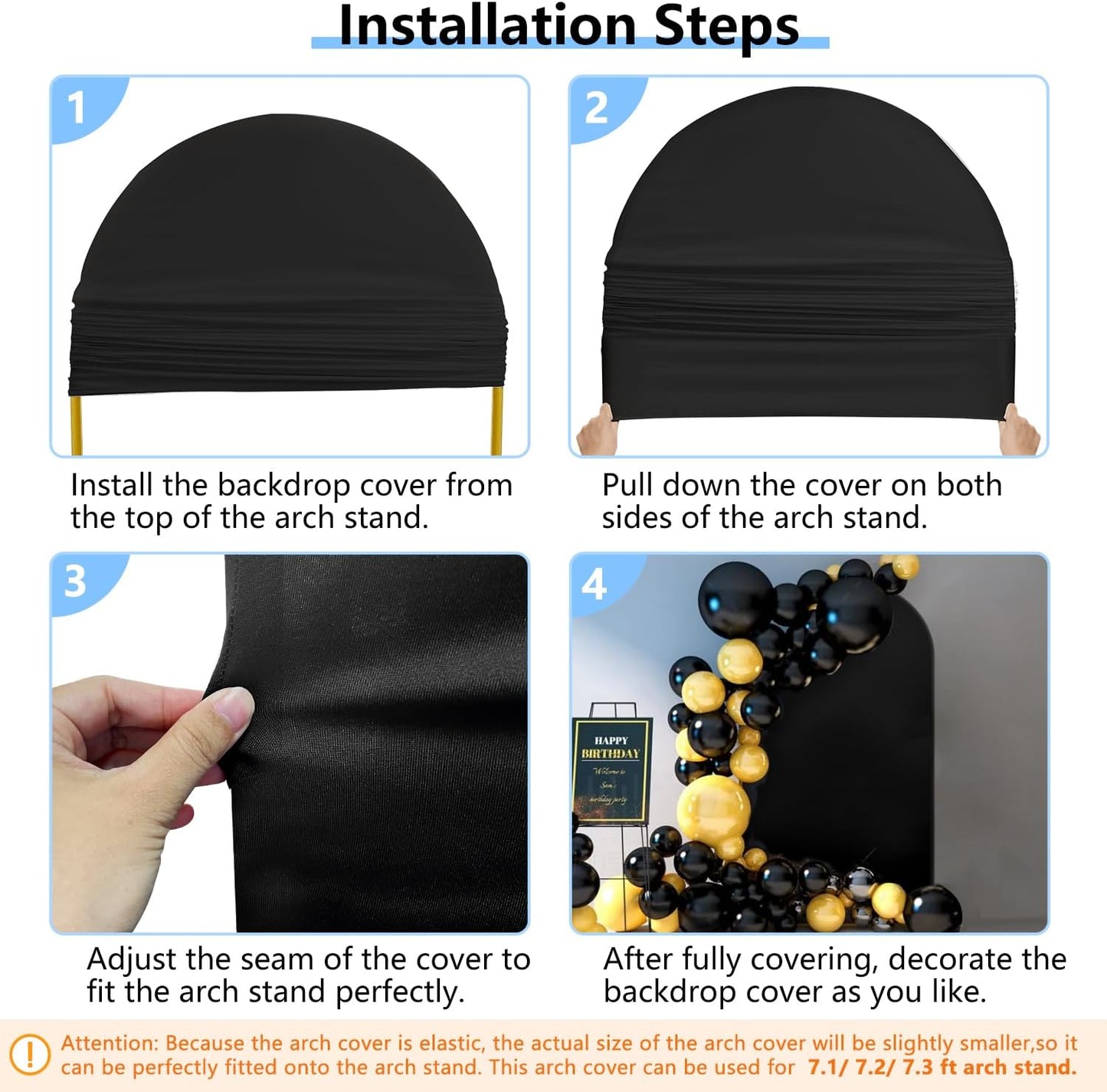 Hemmotop 7.2 ft Black Arch Backdrop Cover (No Arch Stand), Double-Sided Spandex Arch Covers Stretchy Backdrop for Party, Wedding, Birthday, Baby Shower, Reusable for Balloon Arches