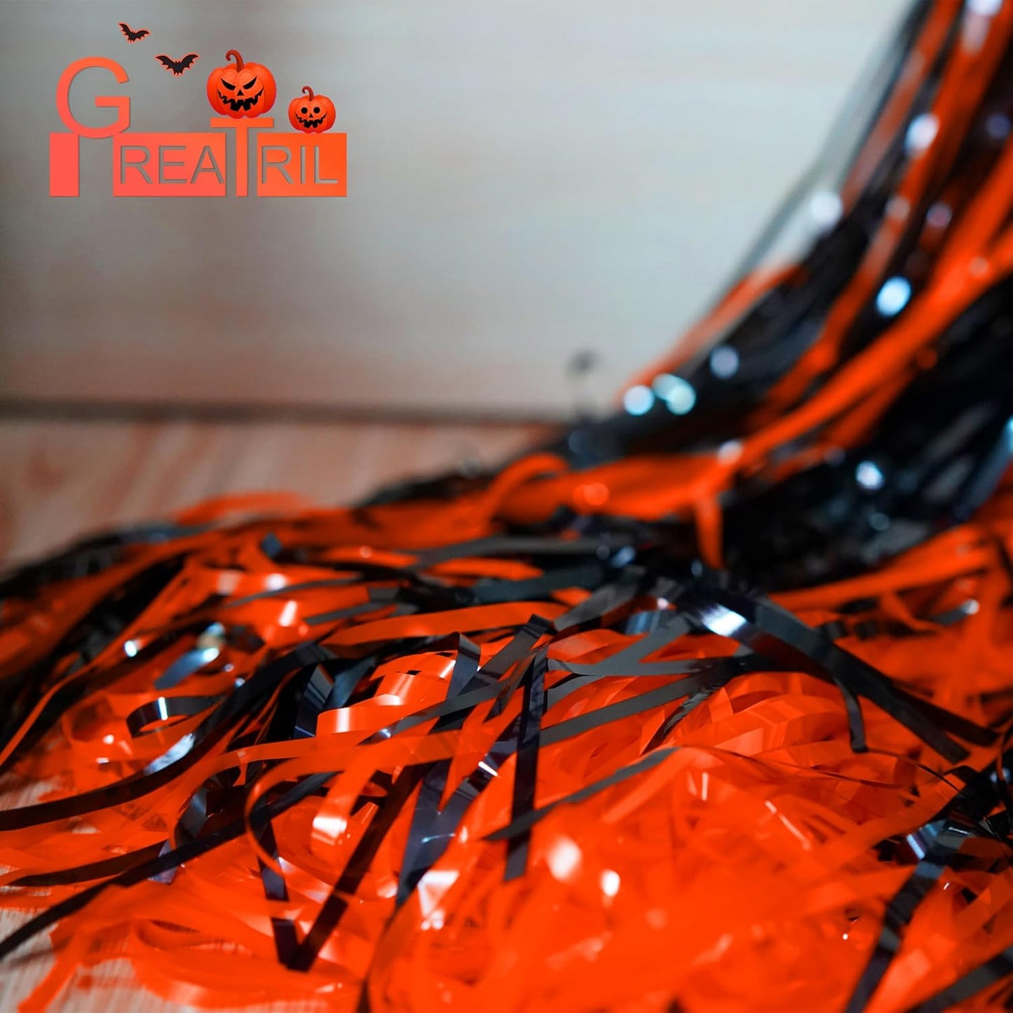 Black Orange Streamers Party Backdrop - GREATRIL Tinsel Fringe Curtain for Halloween Decorations/Pumpkin/Birthdays Party Decoration - 3.2ft X 8.2ft - 2 Packs