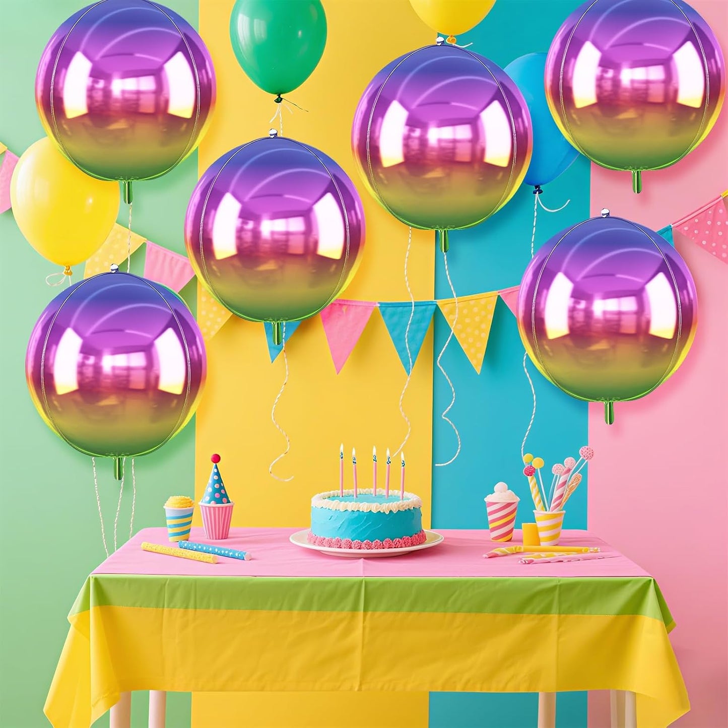 6Pcs Gradient Rainbow Round Foil Balloons, 22" Large Helium Colorful Ball Balloon, Metallic Multicolor Iridescent Mylar Balloon for Birthday Graduation Wedding Anniversary Disco Prom Party Decorations