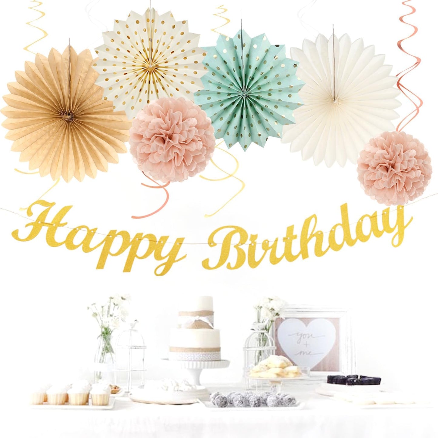 Sage-Green Blush-Pink Beige Birthday Party-Decorations - 21pcs Happy Banner,Cream Light Dusty Pink Paper Lanterns Pom Poms,Rustic Boho Neutral Streamers Garland,Women Girls Decor Supplies Huglony