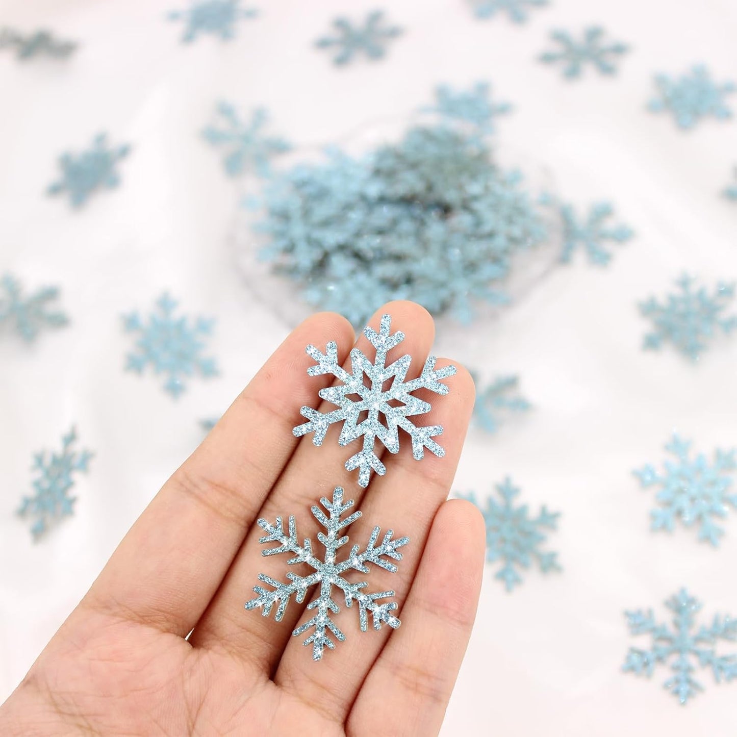 200PC Blue Glitter Snowflake Confetti Winter Wonderland Table Decorations Snowflakes Table Scatter for Christmas Birthday Baby Shower Party Decor Supplies