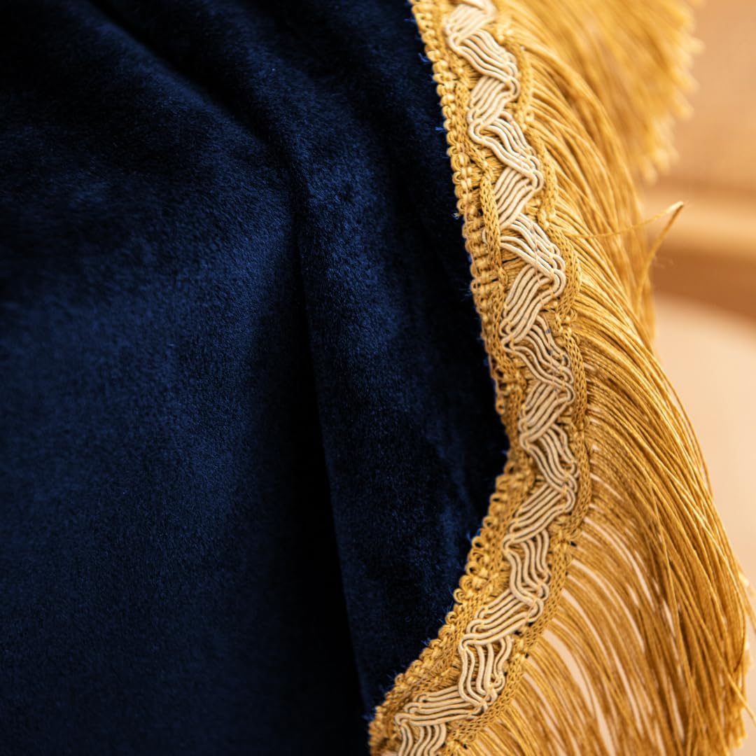 F-CHU Luxury Blue Tablecloth Thickset Velvet Tablecloth with Beautiful Gold Tassels Vintage Table Cloth for Home Decor Wedding, Party, Banquet and Events 60x70-Inch