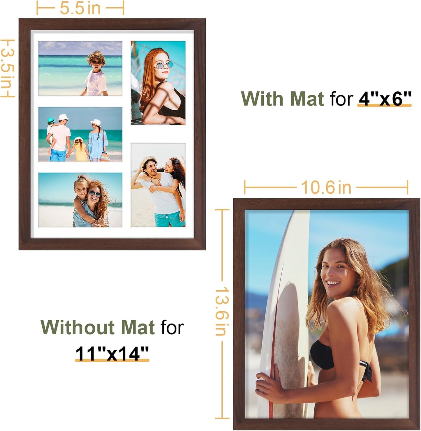 Vittanly 11x14 Collage Picture Frame, Displays 5Pcs 4x6 Pictures with Mat, Picture Frames Collage Wall Decor, Brown, 1 Pack