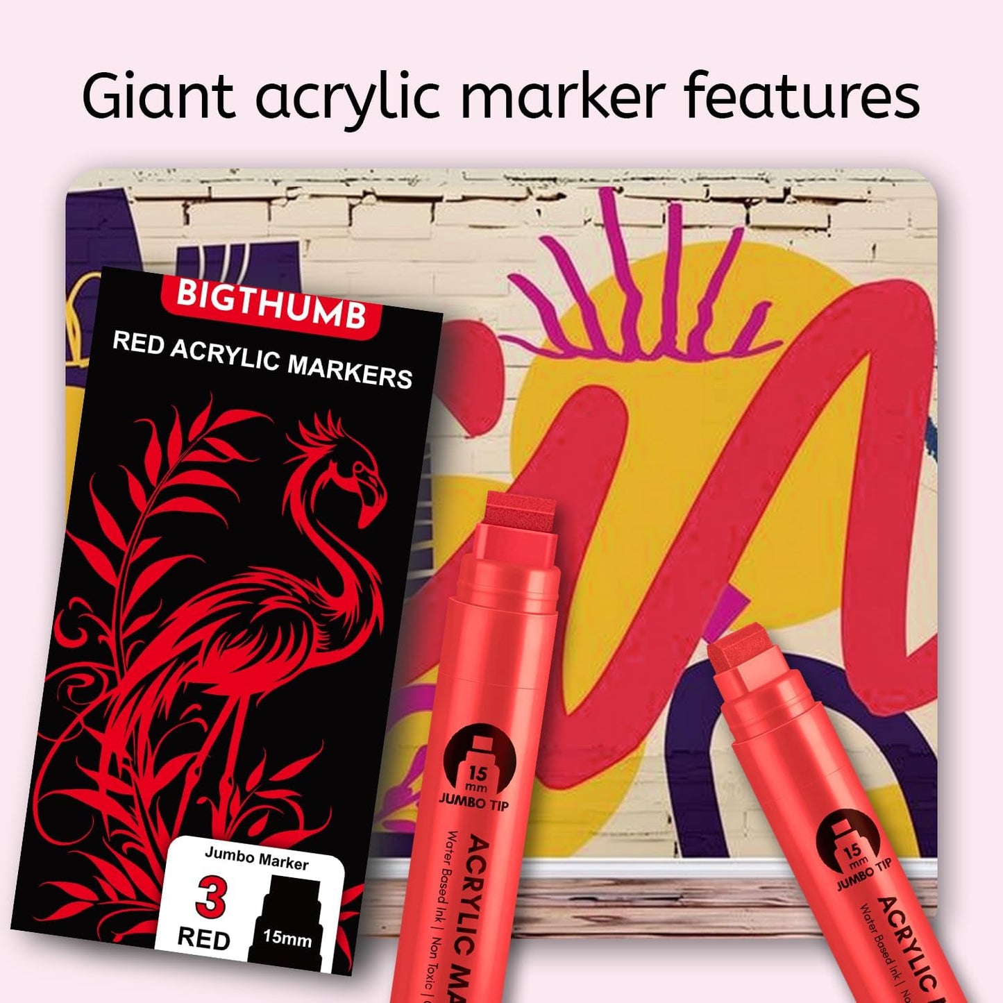 3 Pcs Red Jumbo Permanent Markers: 15mm Wide Tip Thick Acrylic Paint Pen Large Calligraphy Marker for Rock Painting, Poster, Sign, Canvas, Glass, Wood, Ceramic