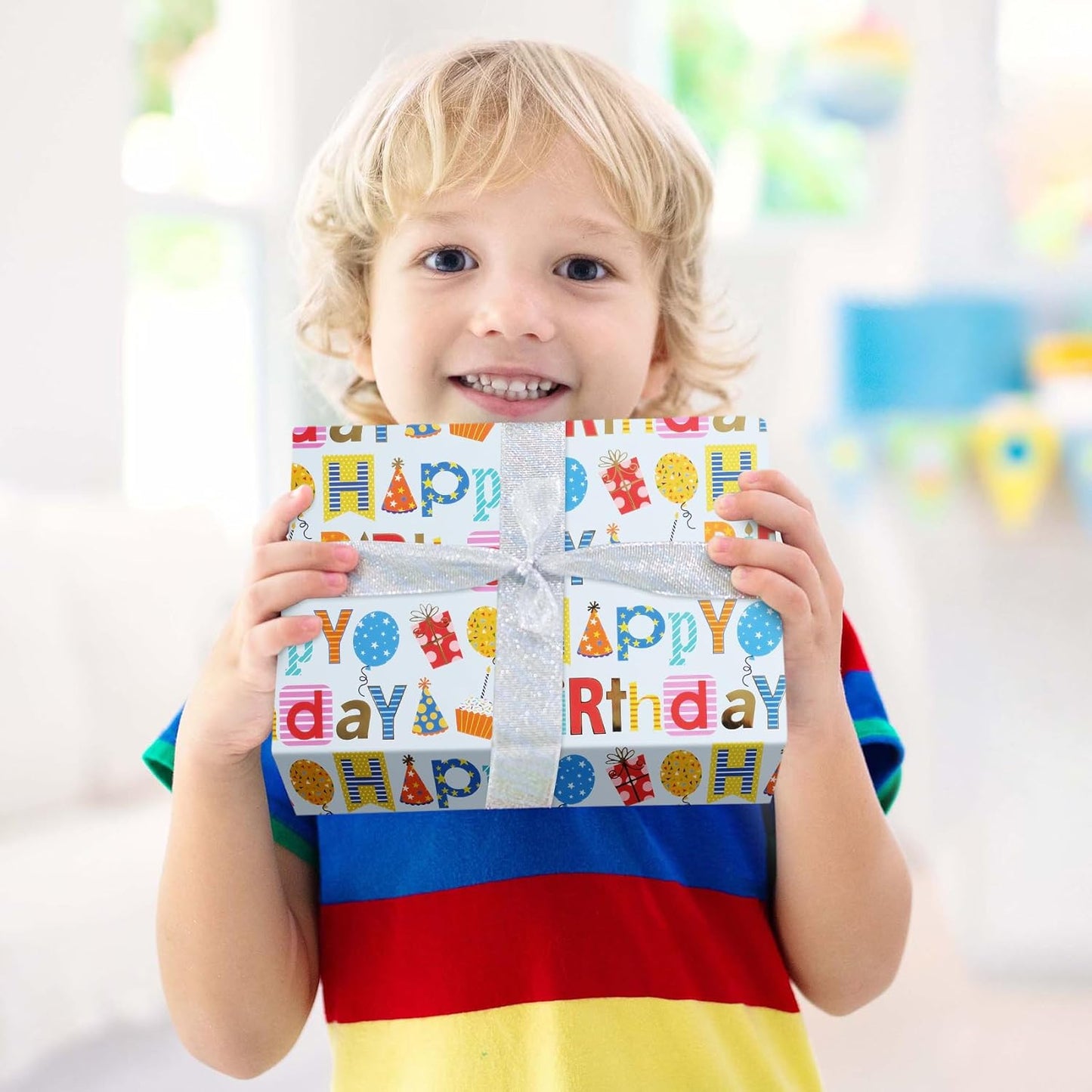 Aimyoo Blue Birthday Wrapping Paper Roll - 17 Inch X 32.8 Feet - Gold Foil Happy Birthday Lettering & Balloon Design Gift Wrap for Kids, Baby Showers