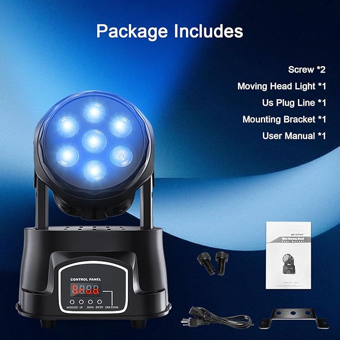 Seven Stars 60W Moving Head DJ Lights, RGBW Stage Lights, DMX512 DJ Lighting 9/16 Channel, Professional Spotlight for Parties, Bars, Disco, Church, Club, Halloween