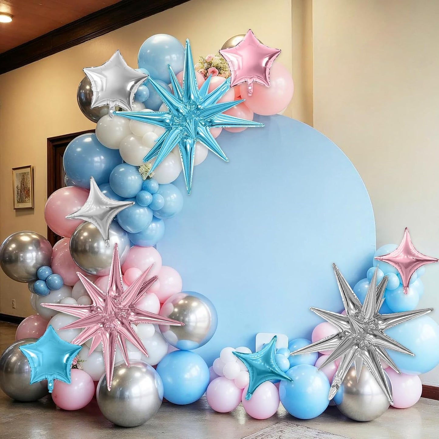 Pink Blue Silver Star Balloon,16Pcs Star Foil Balloons Set with 22Inch Explosion Spike Cone Balloons and 10Inch Quadrangle Helium Balloon for Birthday Wedding Baby Shower Party Decorations