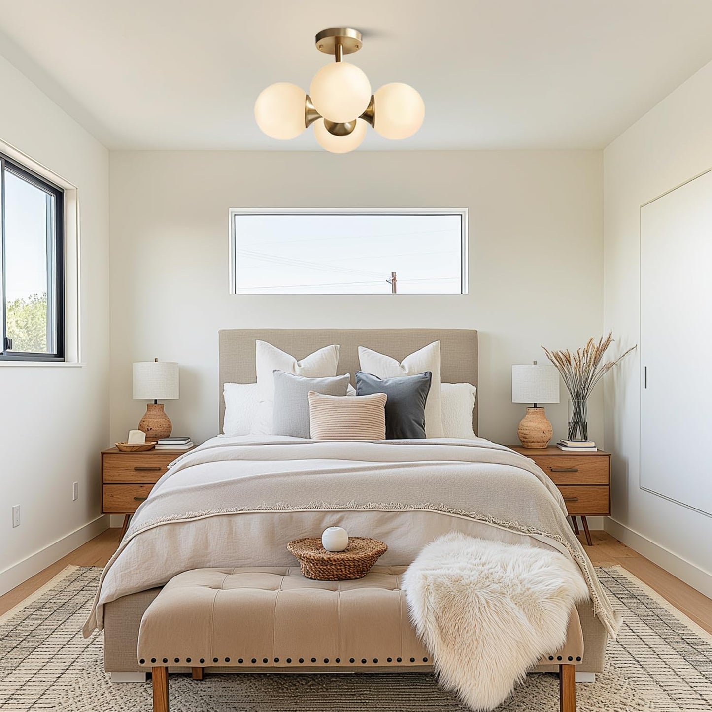 KCO Lighting Antique Brass 4-Light Ceiling Light Mid-Century Frosted Glass Globe Chandelier Modern Flush Mount Ceiling Light Fixtures for Bedroom Living Room