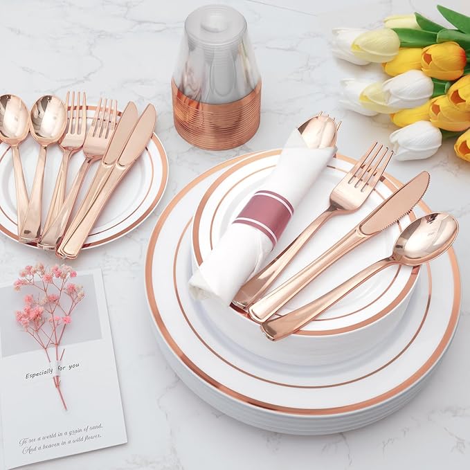 Goodluck 50 Pack Pre Rolled Rose Gold Plastic Silverware, Wrapped Plastic Cutlery Set with Napkin Include 50 Forks, 50 Knives, 50 Spoons and 50 Napkins, Fancy Disposable Silverware for Party, Wedding