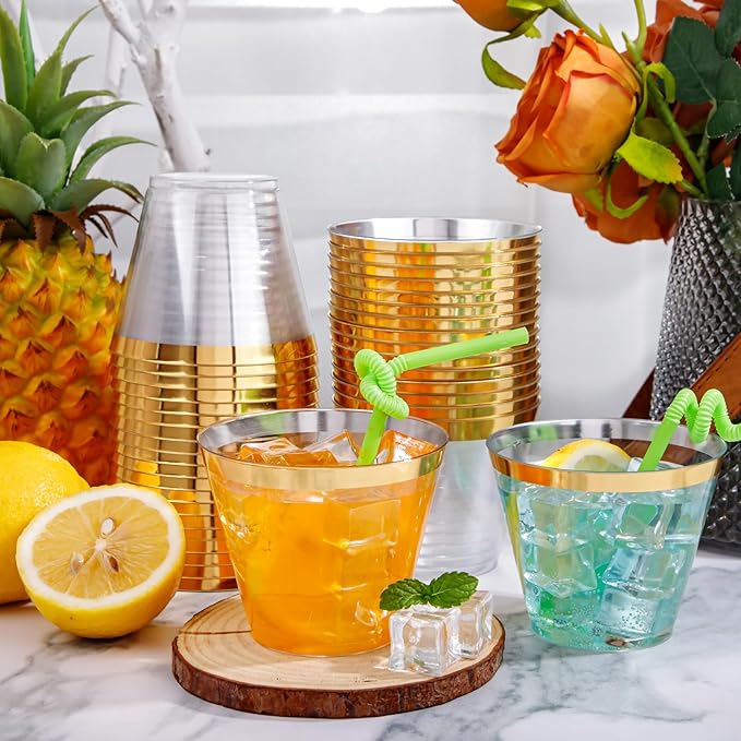 I00000 200 Pack Gold Plastic Cups, 9 Oz Elegant Clear Plastic Cups Gold Rimmed Disposable Wine Glasses Fancy Disposable Party Cup Wedding Cup Drinking Tumblers Cocktail Glasses Perfect for Party