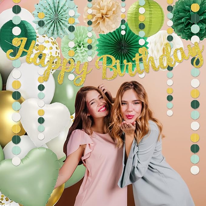 Sage-Green Gold Birthday Decoration,Happy Banner,Olive Retro Paper Lanterns Neutral Tissue Pom Poms Fan,Boho Green Balloons For Anniversary Princess Backdrop Party Supplies for Women Girls Mens
