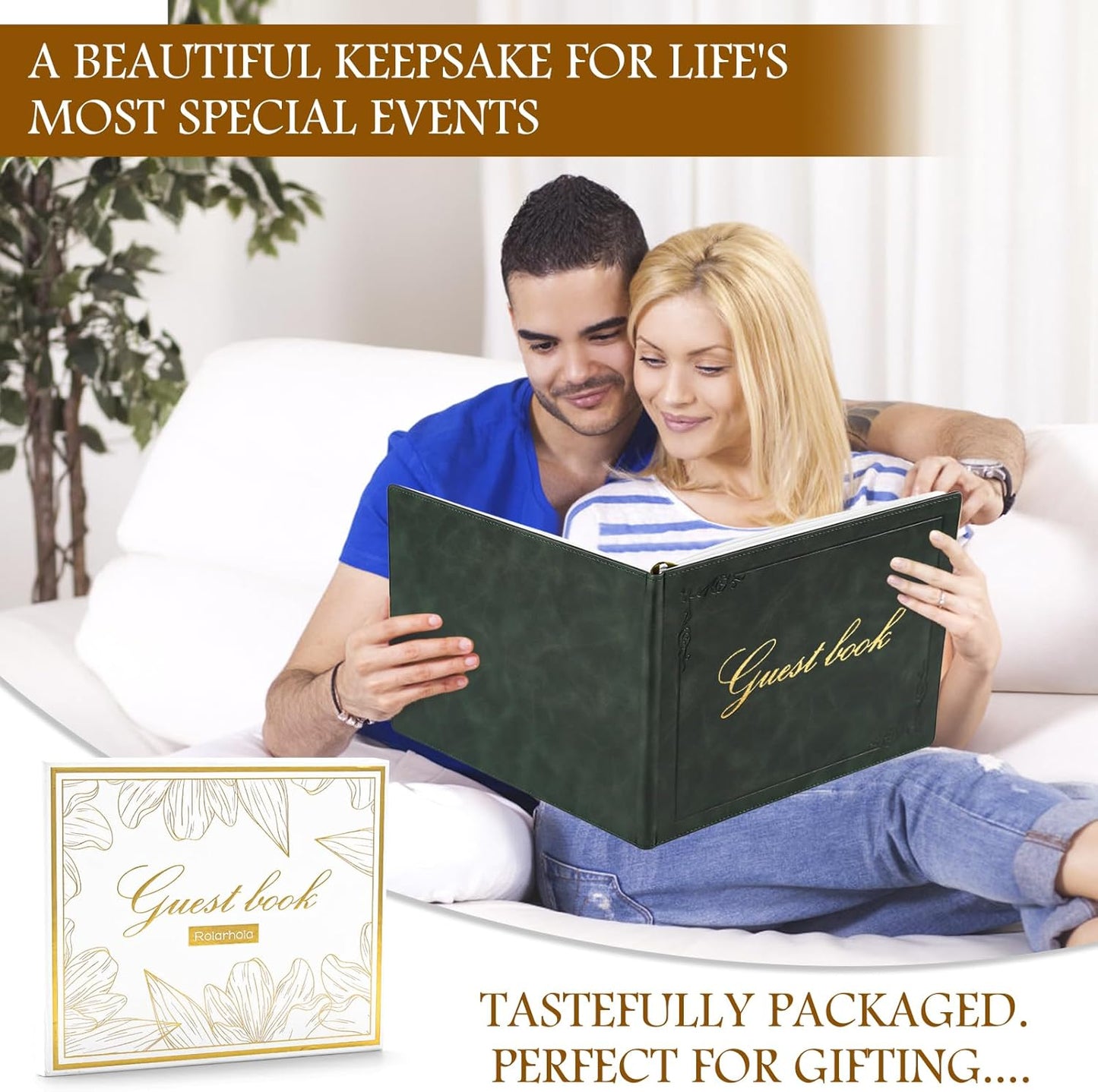 8x10 Leather Guest Book and Standup Sign Set, Gold Foiled Cover Registry Book for Wedding Reception, Retirement Party, Vacation Homes and Events, 120 Pages (Green)