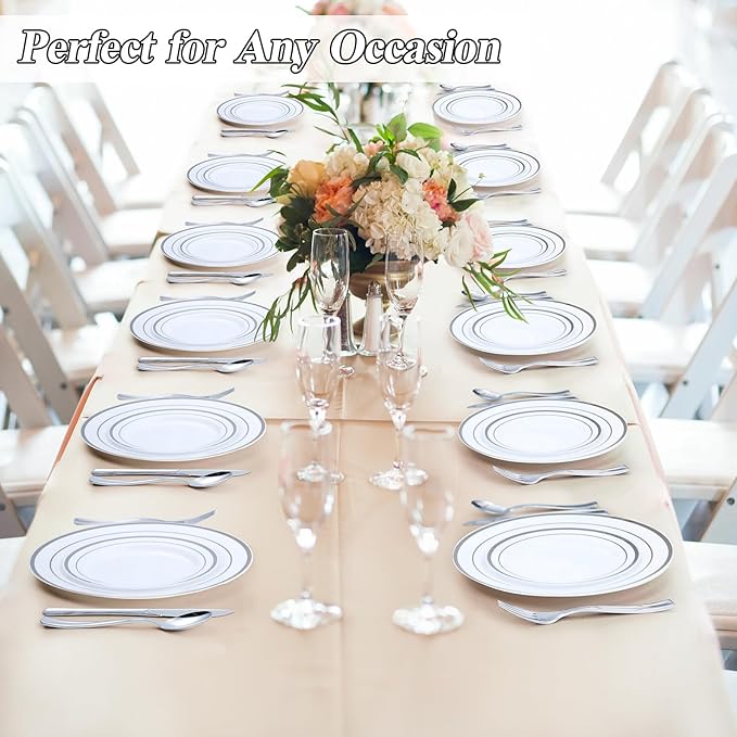 BESTSTAR 200PCS Silver Plastic Plates Set, 100 10.25 inch Dinner Plates and 100 7.5 inch Dessert Plates, Premium Disposable Plates for Party, Wedding