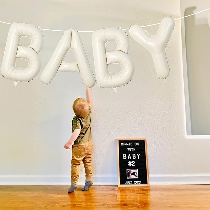 40 Inch Beige BABY Balloon for Baby Shower, Large Cream White Baby Foil Balloons Letters with Ribbon, Neutral Ivory Alphabet Baby Mylar Balloon Banner Sign for Gender Reveal Backdrop Party Decorations