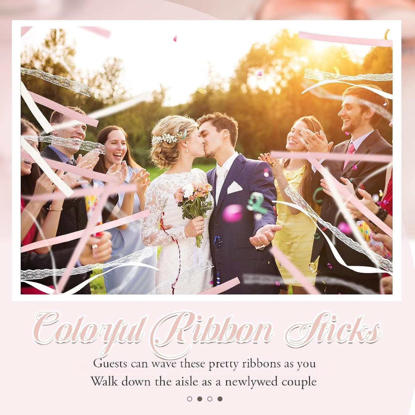 Taiyin 150 Pcs Lace Ribbon Stick Wands Wedding Wand Streamers with Bell Silk Ribbon Fairy Wand Wedding Send Off Streamer for Baby Shower Holiday Party Favors (Pink,Beige)