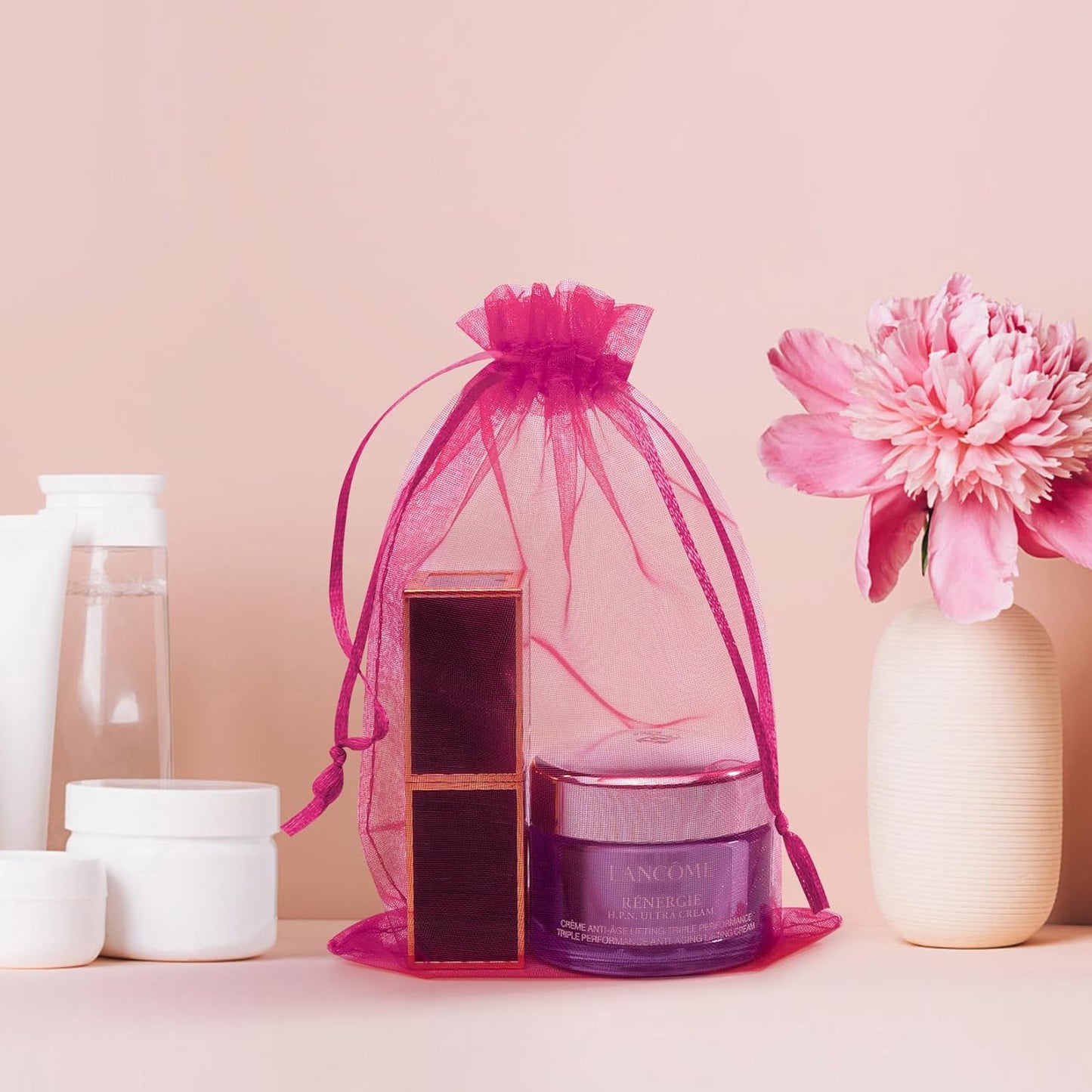 50 Pcs Hot Pink Organza Gift Bags 5x7 Inch, Small Mesh Bags Drawstring Jewelry Pouch Bags Goody Bags for Candy Wedding Party Favor