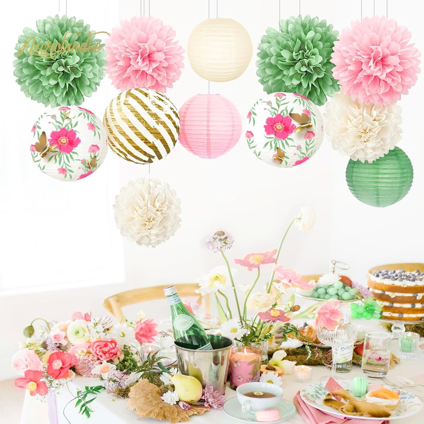 NICROLANDEE Wedding Party Decorations, 12 PCS Green Pink Blooms Paper Lanterns Tissue Pom Poms for Fairy Birthday Party Decorations, Foil Gold Butterfly Baby Bridal Shower Spring Easter Party Decor