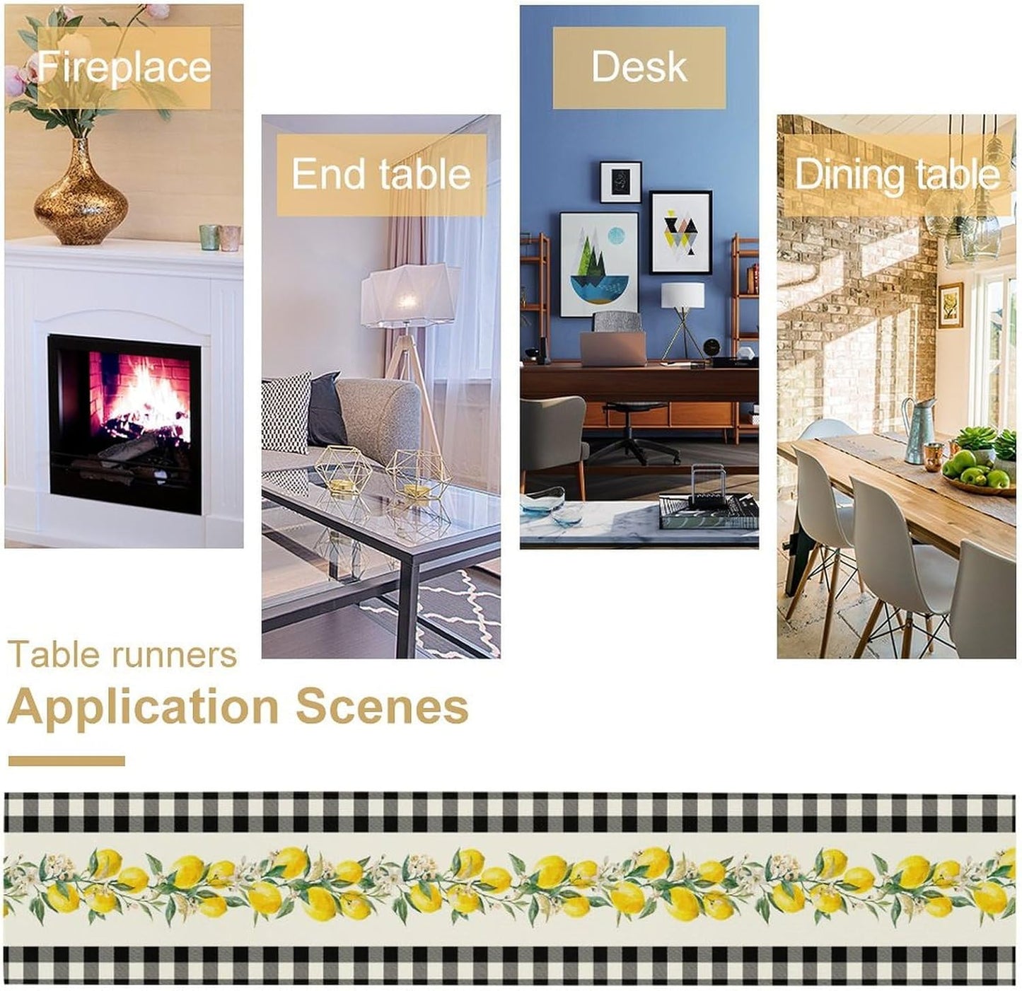 Lemon Table Runner,Black Buffalo Plaid Lemon Table Runner Farmhouse Style Spring Summer Home Kitchen Dinding Room Table Decoration 13x90 Inch