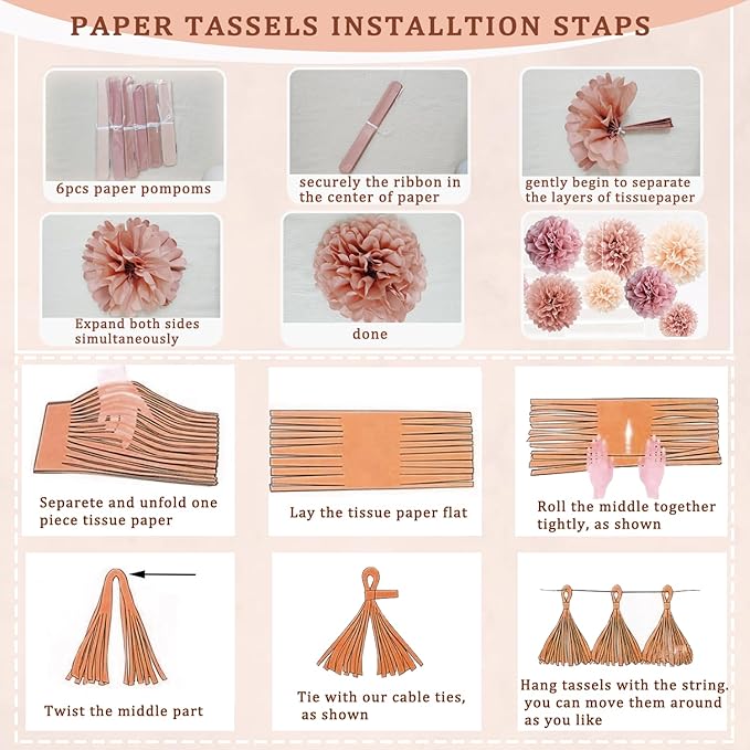 Birthday Decorations for Women, Retro Blush Pink Party Balloons Boho Happy Birthday Banner Paper Pompoms Tassel Garland, Neutral Rustic Birthday Party Décor Supplies Girls Boys Adults