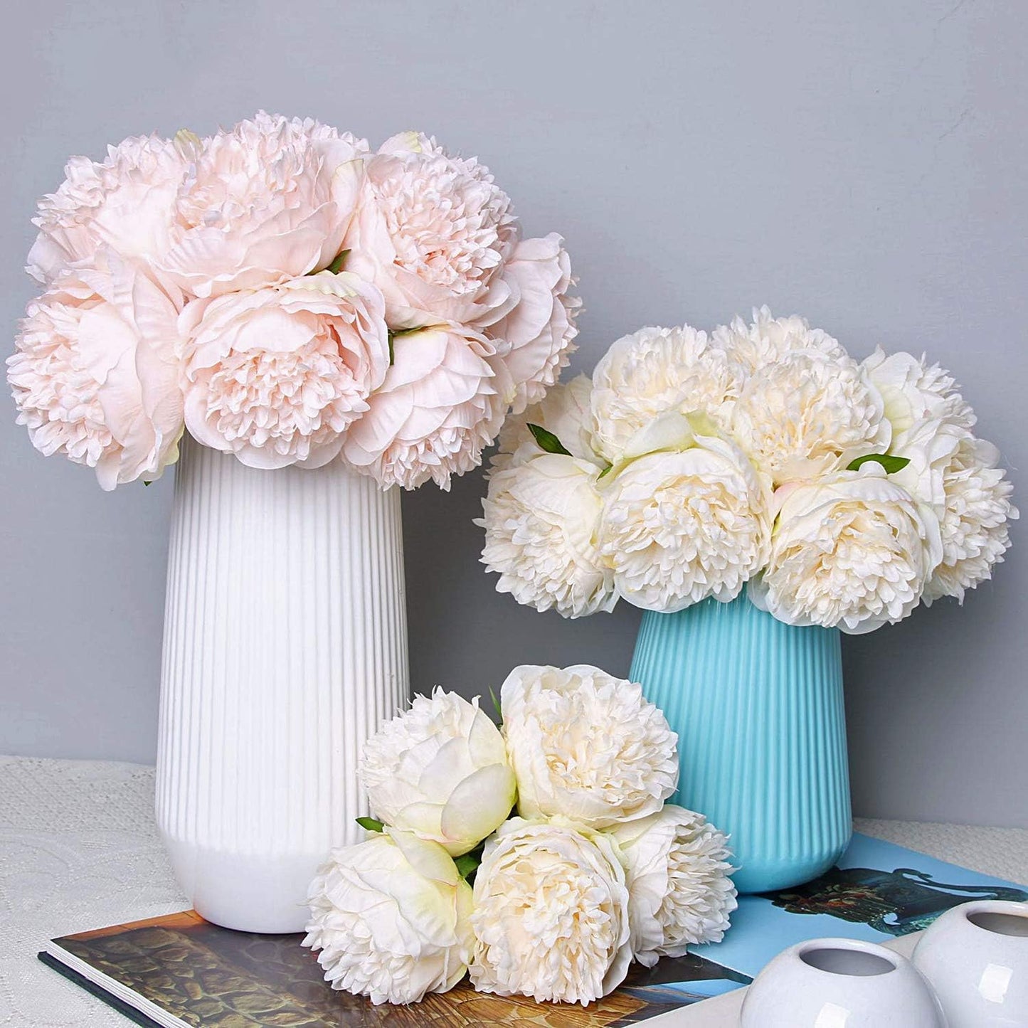U'Artlines 2 Bouquet 10 Heads Artificial Peony Silk Flower Leaf Home Office Wedding Party Festival Bar Decor (Cream White)