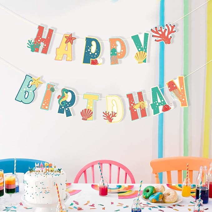 SUNBEAUTY Happy Birthday Banner Sea Animal Birthday Decorations Sea Shells Ocean Theme Party Supplies for Baby Shower | Pre-Strung