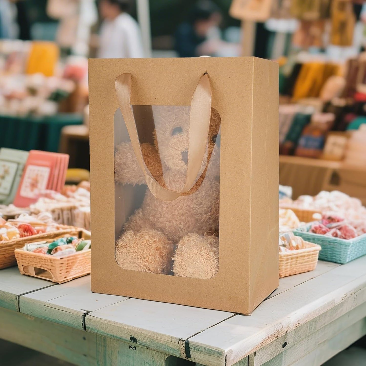 MOXARYSU 3 Pcs Brown Gift Bags with Clear Window: 9.8x5.1x7.1 Inch Medium Kraft Paper Bags with Handle For Party Business Birthday Wedding