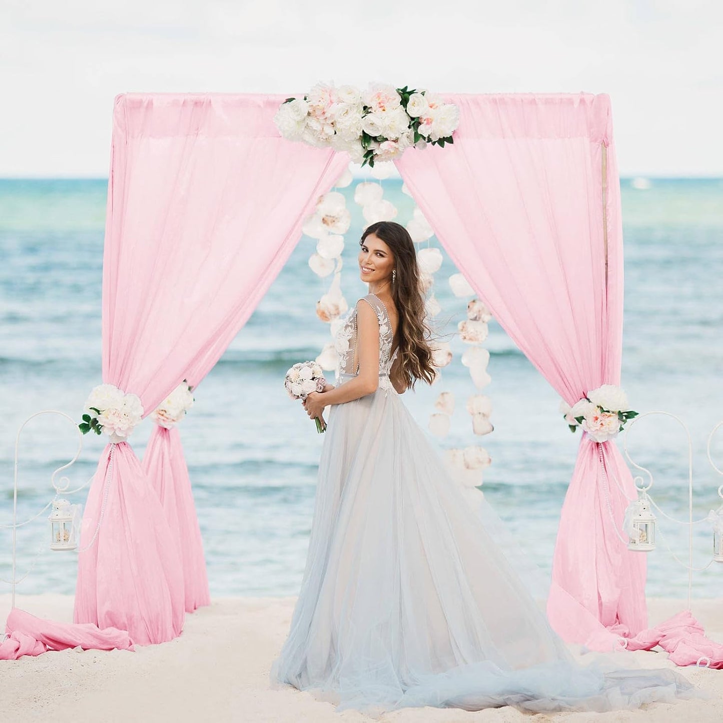 VOK Pink Wedding Arch Draping Fabric Chiffon Fabric, 29in x 18Ft 2 Panels Sheer Chiffon Outdoor Curtain for Wedding Ceremony Birthday Party Decoration (Light Pink,2 Panel)