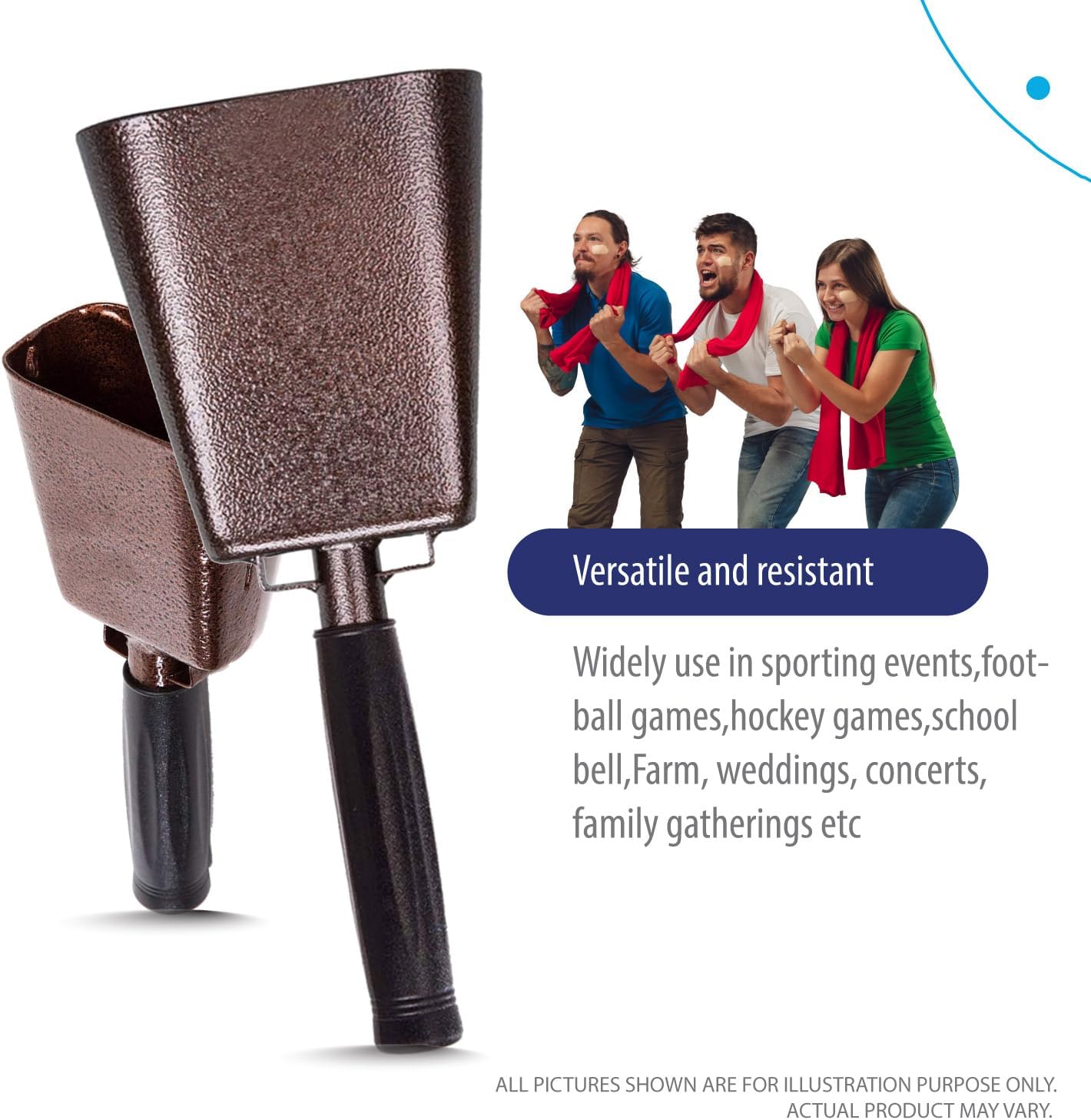 Deke Home - 2 Pack 7 Inch Steel Cowbells with Handle, Loud Noise Makers for Football, Sports, Parties, Competitions, School Spirit & Safety, Large Hand Bell for Cheering & Percussion Instrument