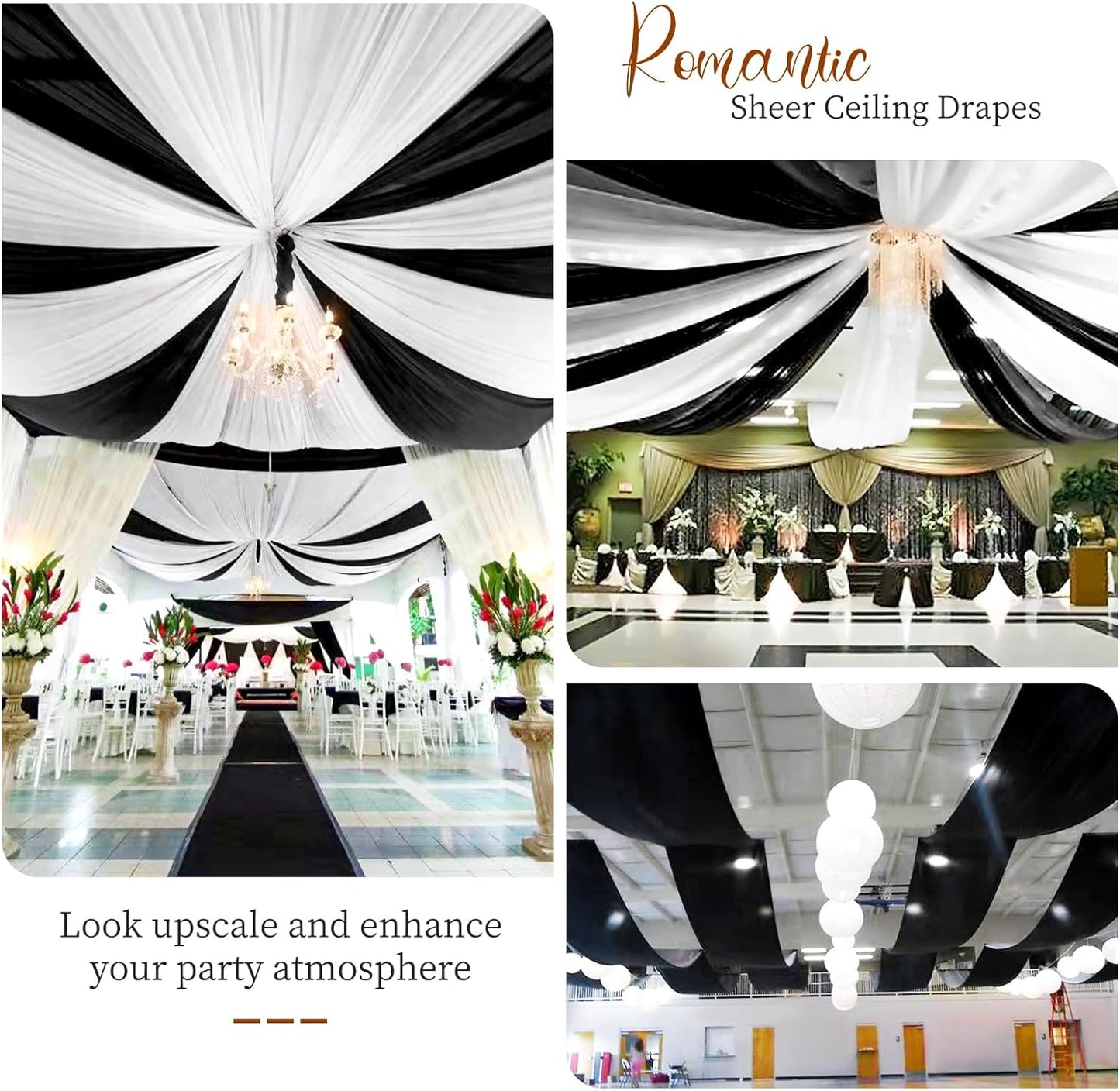 6 Panels Black Ceiling Drapes 5ftx20ft Wedding Chiffon Fabric Arch Draping Sheer Curtains Soft Drapery for Party Ceremony Stage Swag Decorations