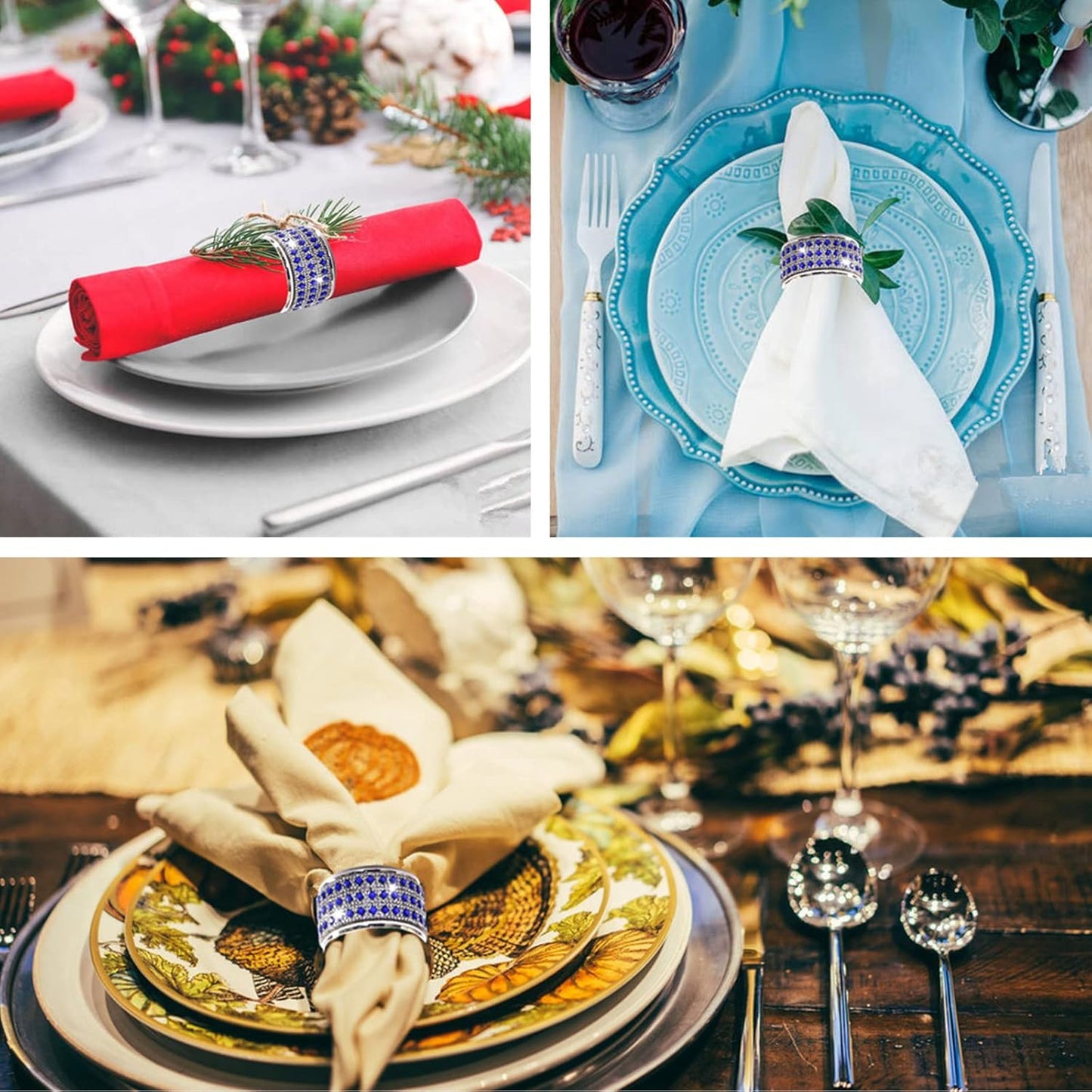 Rhinestone Napkin Ring Silver Diamond Napkin Rings Stainless Steel Blue Crystal Napkin Holder Set of 6 for Dinner,Wedding,Christmas Thanksgiving Holiday Party or Everyday Table Decoration