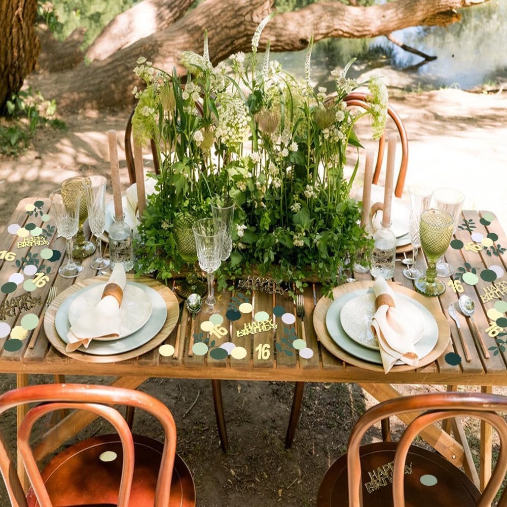 Sage Green 16th Happy Birthday Confetti, 16th Birthday Table Decorations Scatter Green Gold Foil Cake Confetti Decorations for 16 Bday Girls Boys Party Decor 230 Pcs