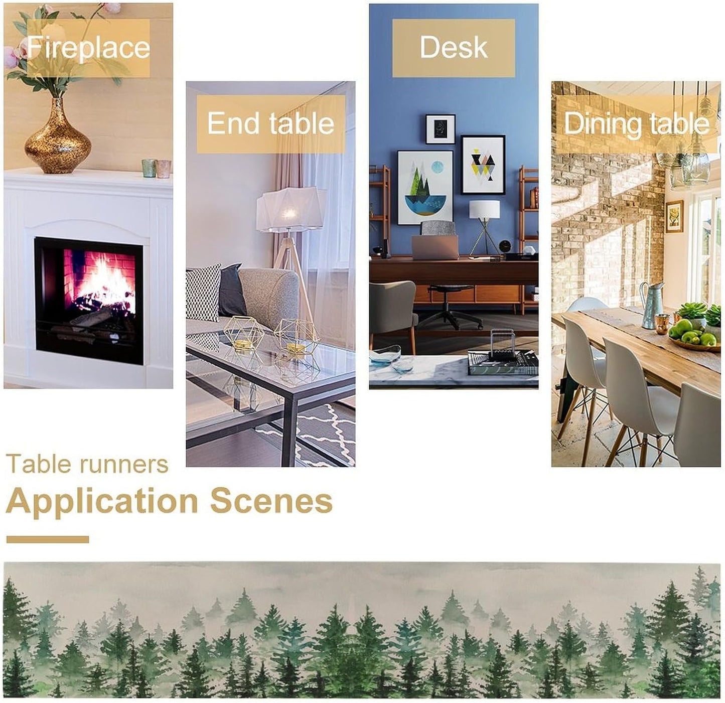 Foggy Forest Table Runner,Green Forest Natural Landscape Table Runner for Kitchen Dining Table Home Party Decoration 13x120 Inch