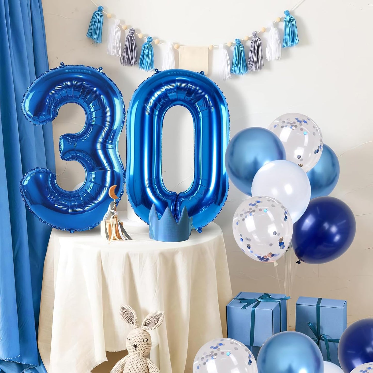 Number 30 Balloon Pastel Blue for Kids, XXL 30th Birthday Decor Foil Balloon Dark Navy Blue with Silver Confetti Helium Balloon, 40 Inch Balloon 30 for Women Birthday Party Men Anniversary Decorations