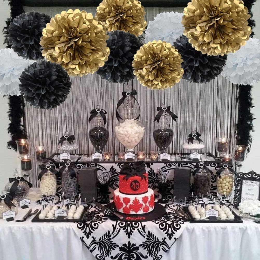Paper Flower Tissue Pom Poms for Baby Shower New Year Party Hanging Decoration (Gold,Black,White,12pc)