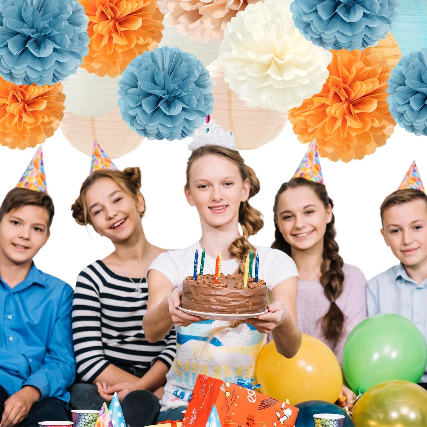 Dusty-Blue Orange Party-Decorations Paper-Flowers Lanterns - 15pc Boho Fall Peach Beige Tissue Pom Poms Streamers,Birthday Bachelorette Bridal Baby Shower Engagement Wedding Graduations Decor Panduola