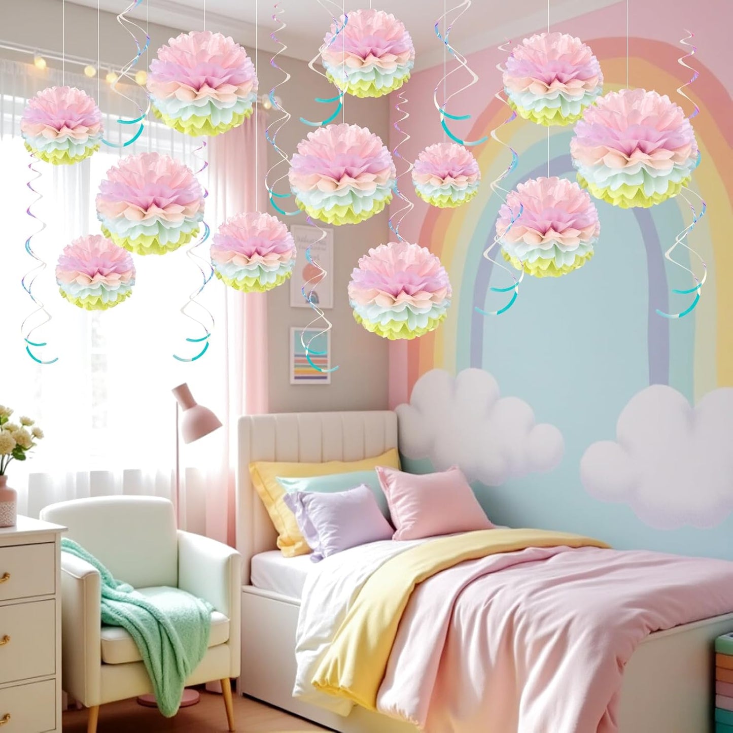 Pastel Paper Pom Poms Hanging Tissue Paper Flowers Pastel Birthday Party Decorations Tissue Flowers for Girl's Baby Shower Easter Mermaids Unicorn Themed Birthday