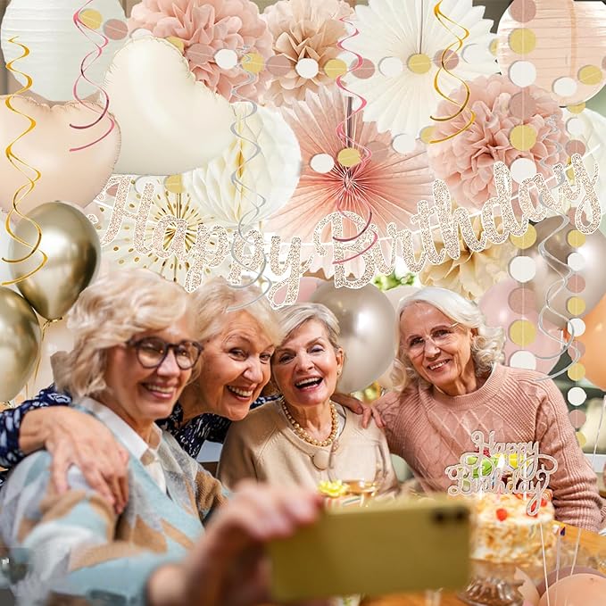 Champagne-Gold Beige Fall Boho Birthday Party Decorations 62pcs Happy Birthday Banner, Peach White Paper Lanterns, Streamers, Tissue Pom Poms, Blush Beige Boho Party Balloons, Rustic Backdrop Decor