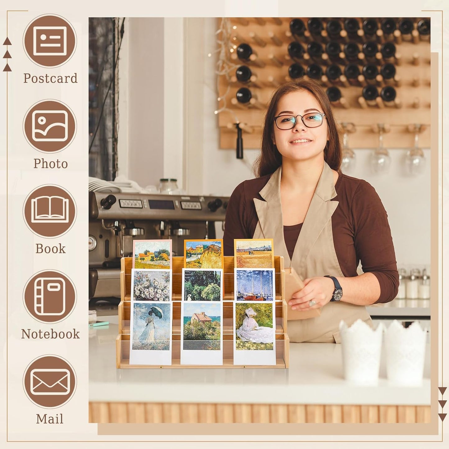 3 Tier Greeting Card Display Stand Wood Color Bamboo and Acrylic Sticker Display Stand Trading Card Holder Retail Photos Shelf for Vendors Craft Collection & Show