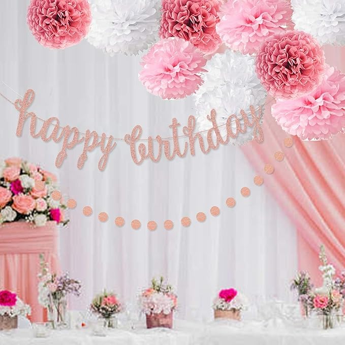 OuMuaMua Pink Rose Gold Birthday Party Decorations Set, Rose Gold Glittery Happy Birthday banner, Tissue Paper Pom, Circle Dots Garland and Tassel Garland for BDAY Party Decorations