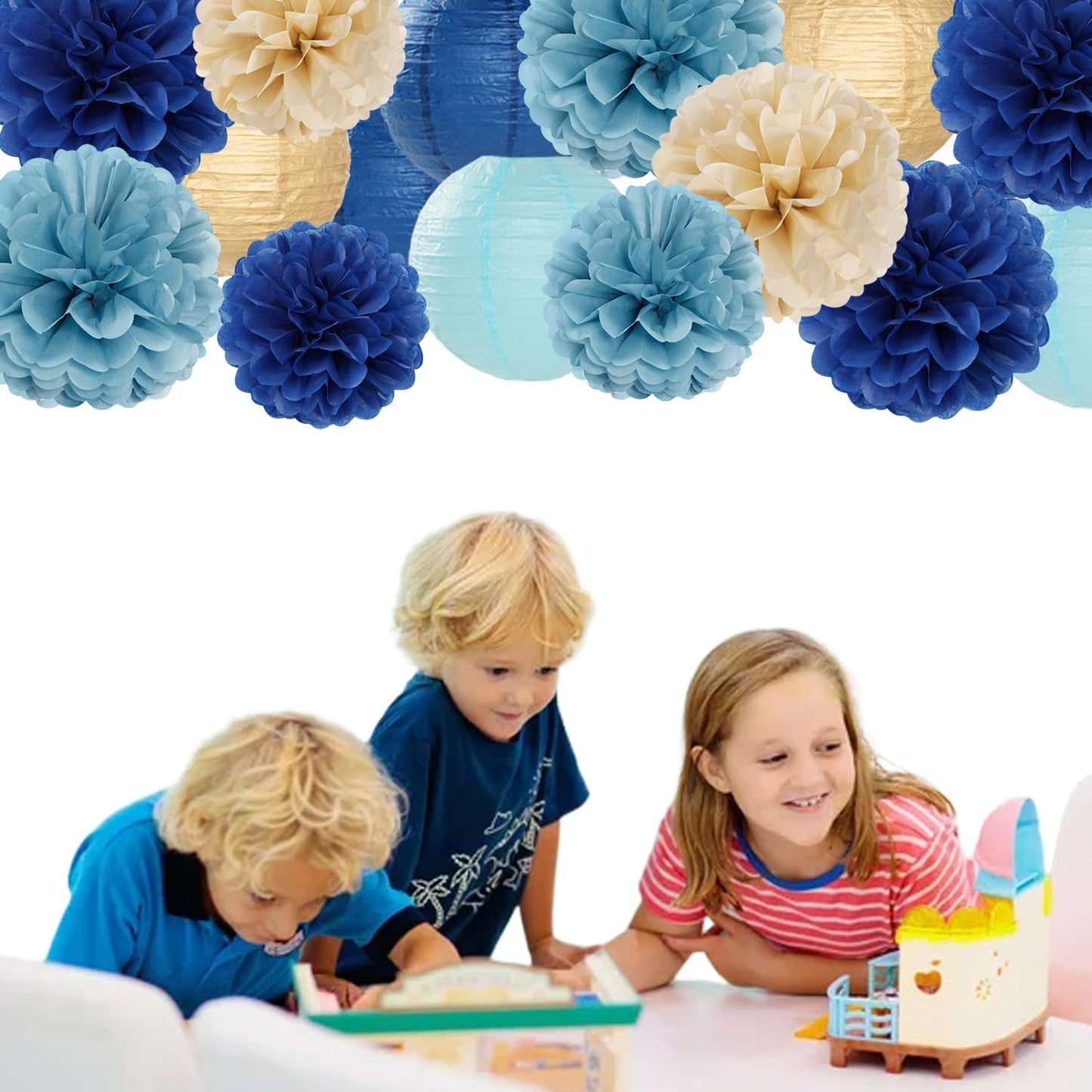 Dusty-Navy Blue Champagne-Gold Paper-Flowers Lanterns - 15pc Christmas Graduation Party Decorations Tissue Pom Poms Streamers,Birthday Bachelorette Bridal Baby Shower Engagement Wedding Decor Panduola