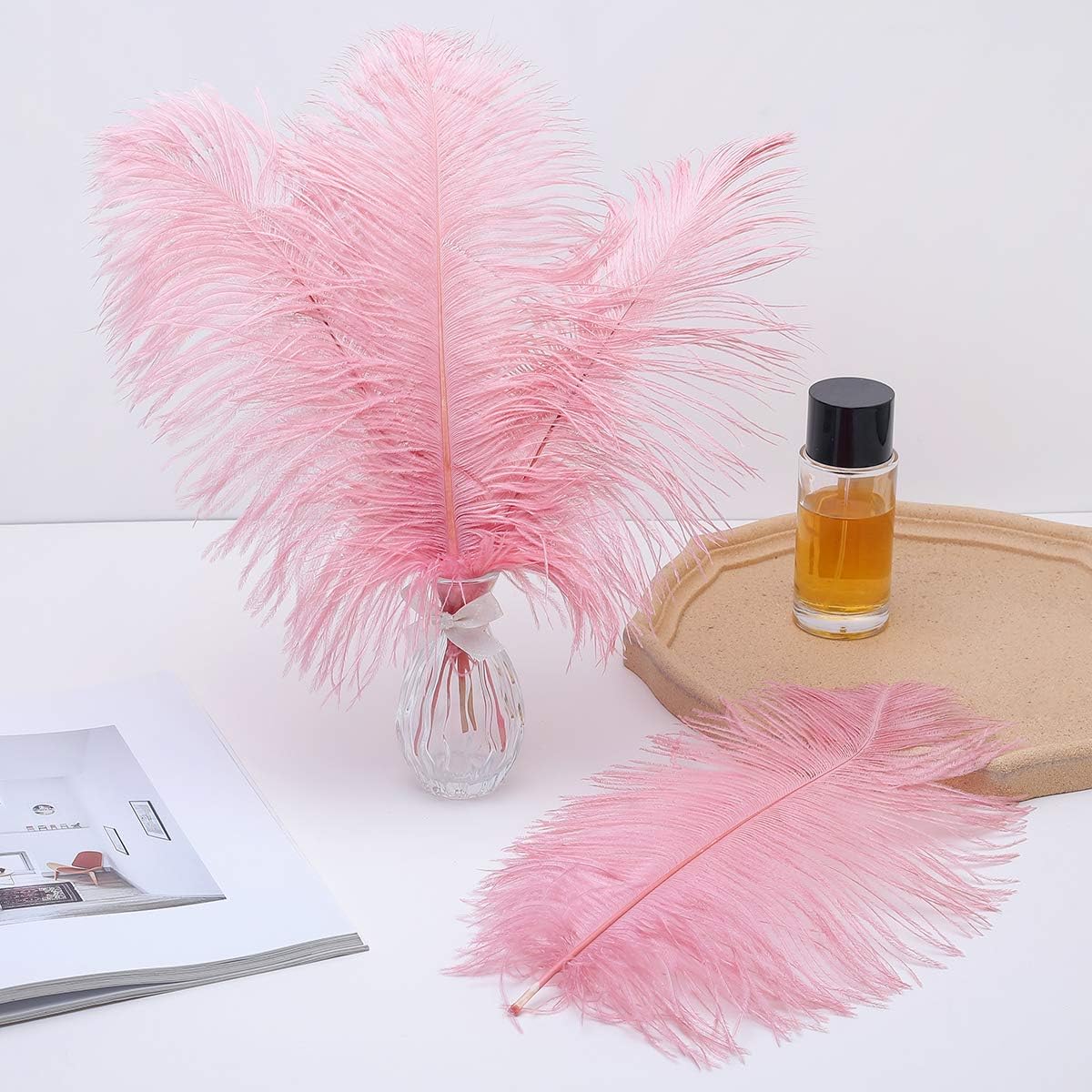 12pcs Natural Lotus Pink Ostrich Feathers 12-14inch (30-35cm) for Wedding Party Centerpieces,Flower Arrangement and Home Decoration.