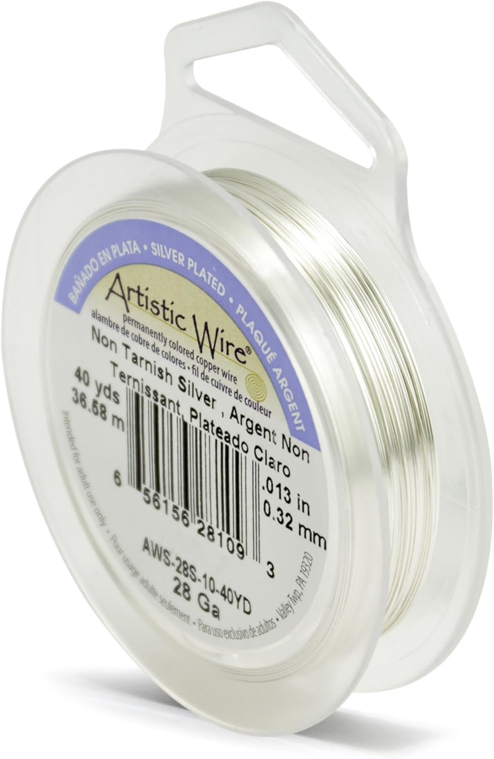 Artistic Wire, 28 Gauge Silver Plated Tarnish Resistant Colored Copper Craft Wire, Tarnish Resistant Silver, 40 yd