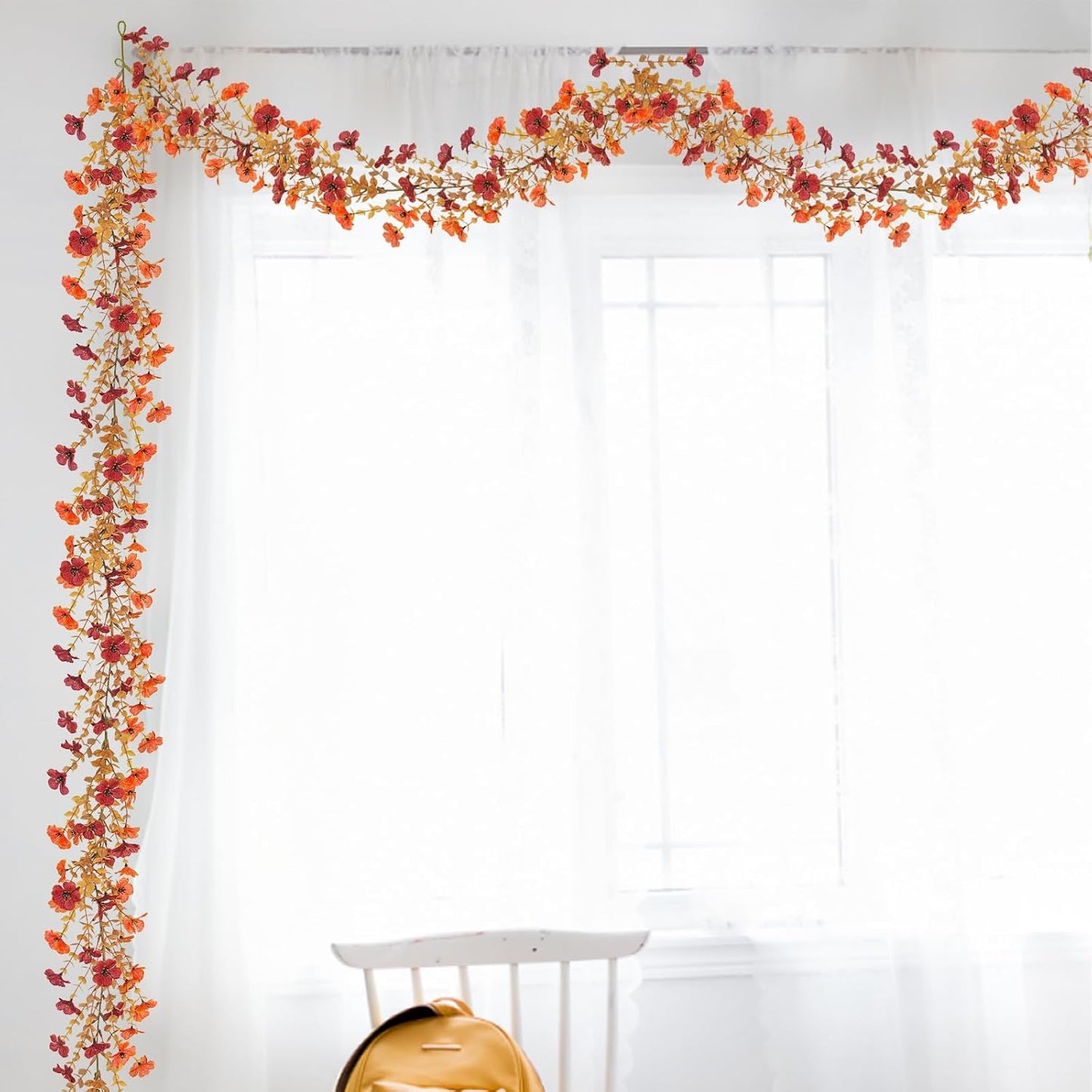 4 Pack Artificial Fall Flowers Garland, 6 FT Fall Decorations Fake Mums Floral Vines UV Resistant Faux Hanging Flower Ivy Garland for Home Party Table Wall Mantel Decor (Orange + Dark Red)