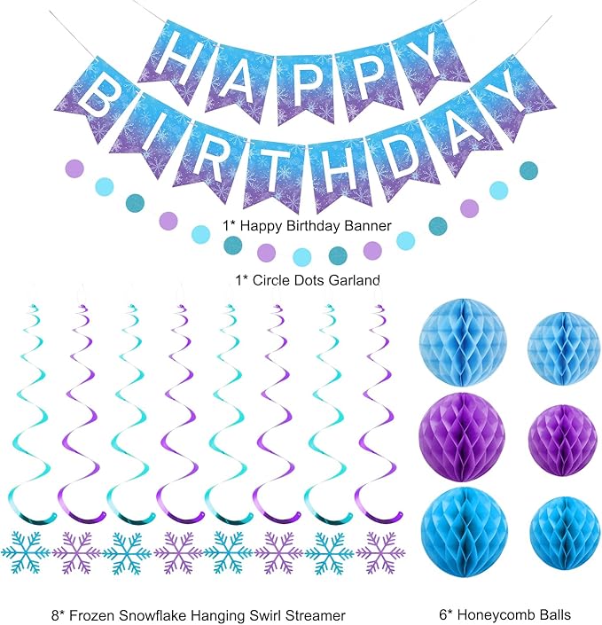 meowtastic Frozen Birthday Party Decorations - Happy Birthday Banner with Honeycomb Balls, Snowflake Hanging Swirls Streamers, Circle Dots Garland Decorations - Party Decor for Boys Girls (Frozen)