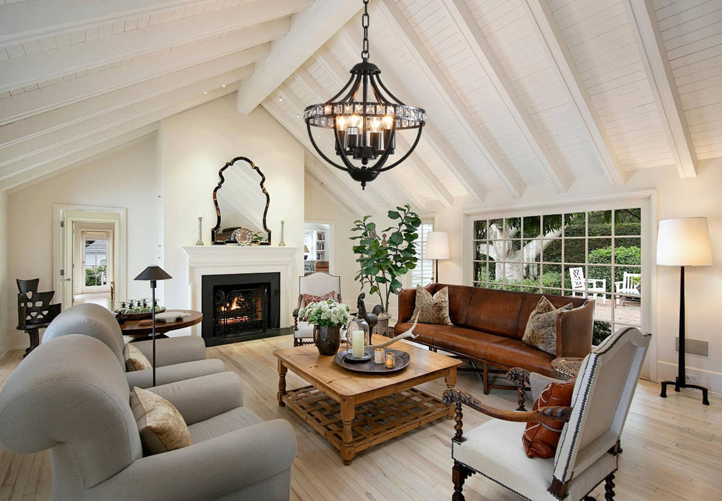 Farmhouse Crystal Ceiling Hanging Chandelier,16inch Black Rustic Vintage Pendant Light Fixture for Living Room Bedroom Dining Room Dining Foyer Kitchen Entry (5-Light)